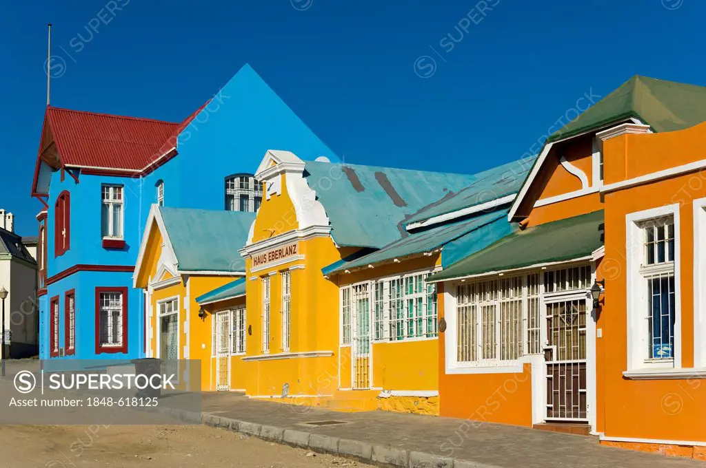 Haus Gruenewald building, built in 1910, on the left, and Haus Eberlanz building, German colonial period buildings, Luederitz, Namibia, Africa