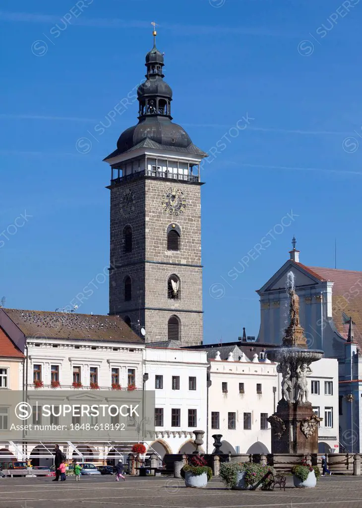 Historic district with the Black Tower and the Samson fountain, Ceske Budejovice also known as Budweis, Budvar, southern Bohemia, Czech Republic, Euro...