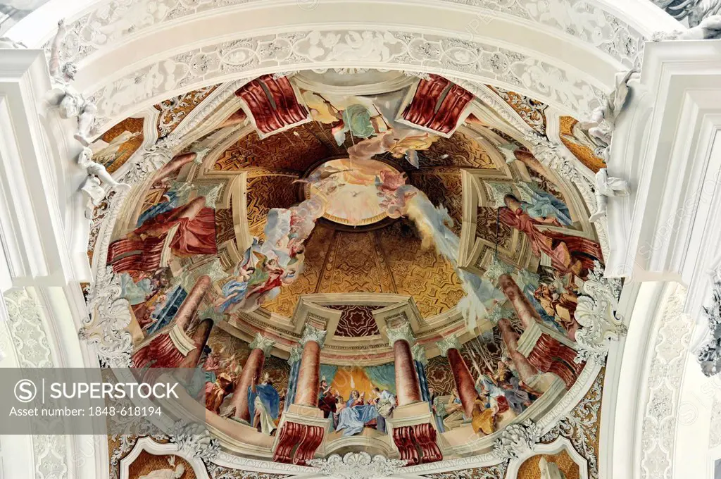 Stucco and ceiling fresco by Cosmas Damian Asam, Basilica of St. Martin in Weingarten, Baden-Wuerttemberg, Germany, Europe
