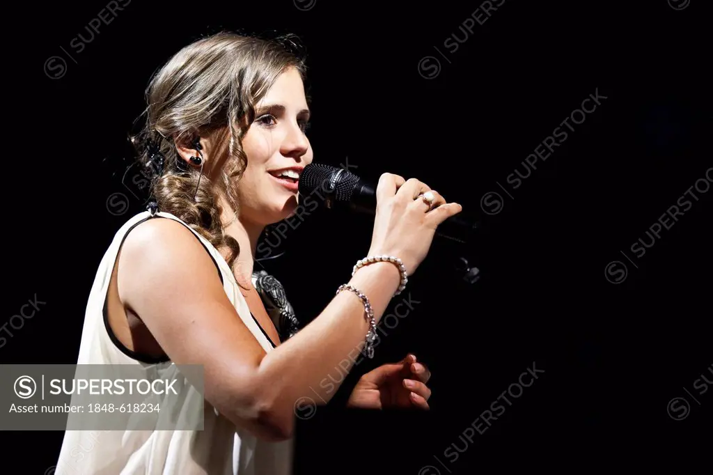 Swiss singer Eliane Mueller, winner of the Das groesste Schweizer Talent 2012 contest, singing live at the Swisslife Arena, Lucerne, Switzerland, Euro...
