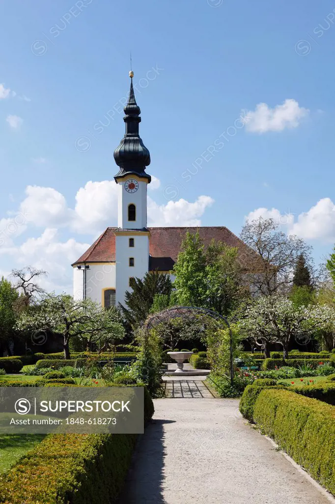 St. Joseph's Church and Castle Gardens, Starnberg, Five Lakes region, Upper Bavaria, Bavaria, Germany, Europe, PublicGround