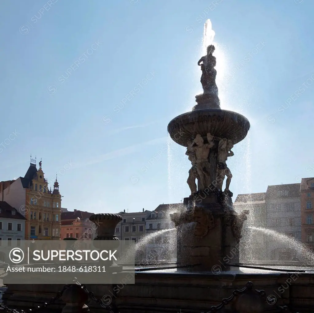 Samson Fountain, historical centre of Ceske Budejovice, Budweis, Budvar, South Bohemia, Czech Republic, Europe