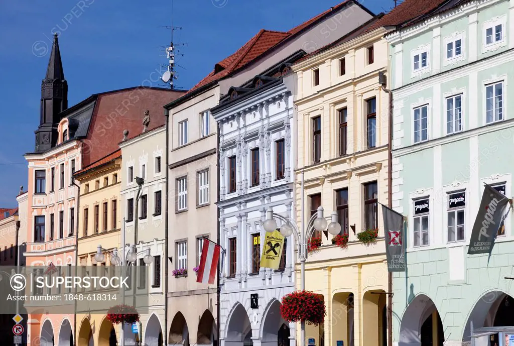 Row of houses, historical centre of Ceske Budejovice, Budweis, Budvar, South Bohemia, Czech Republic, Europe