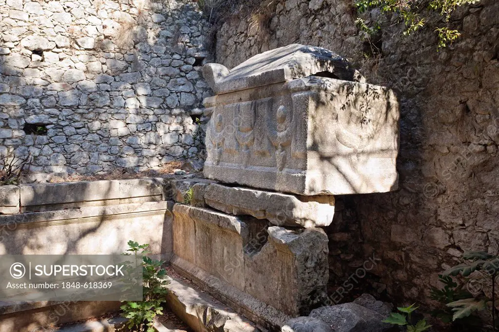 Sarcophagus of Marcus Aurelius in the mausoleum of the North Necropolis, ancient city of Olympos, Lycia, Turkey, Asia Minor