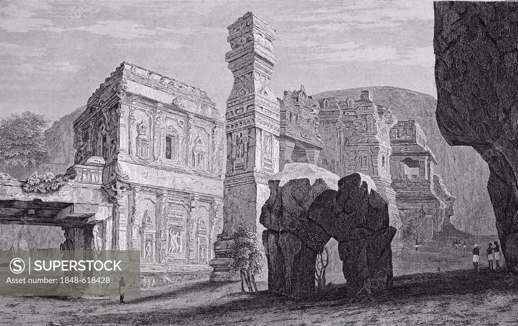 Historical illustration, rock temple at Ellora, Maharashtra, India, Asia, steel engraving by Guenewald, c 1850