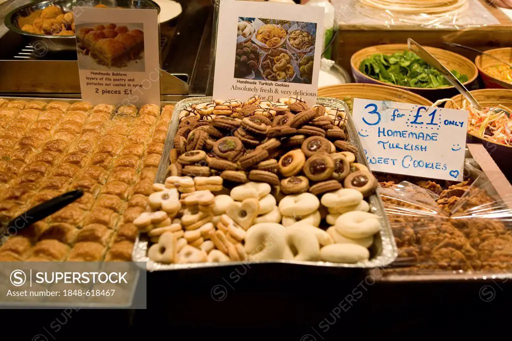 Turkish pastry, stall in the Old Truman Brewery, London, England, United Kingdom, Europe