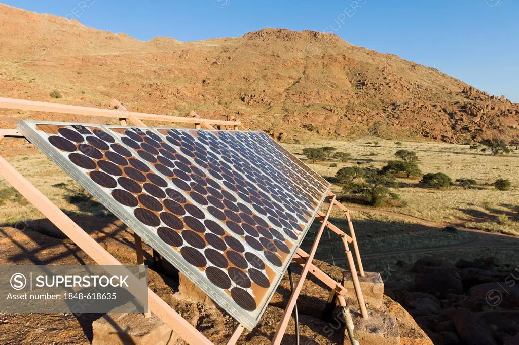Solar panels on the campground, Koiimasis farm, Tiras mountains, Namibia, Africa