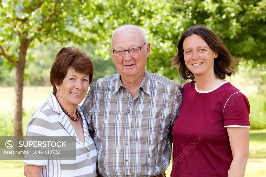 Elderly couple, retirees, 70-80 years old, with their daughter, 40-50 years old, Bengel, Rhineland-Palatinate, Germany, Europe