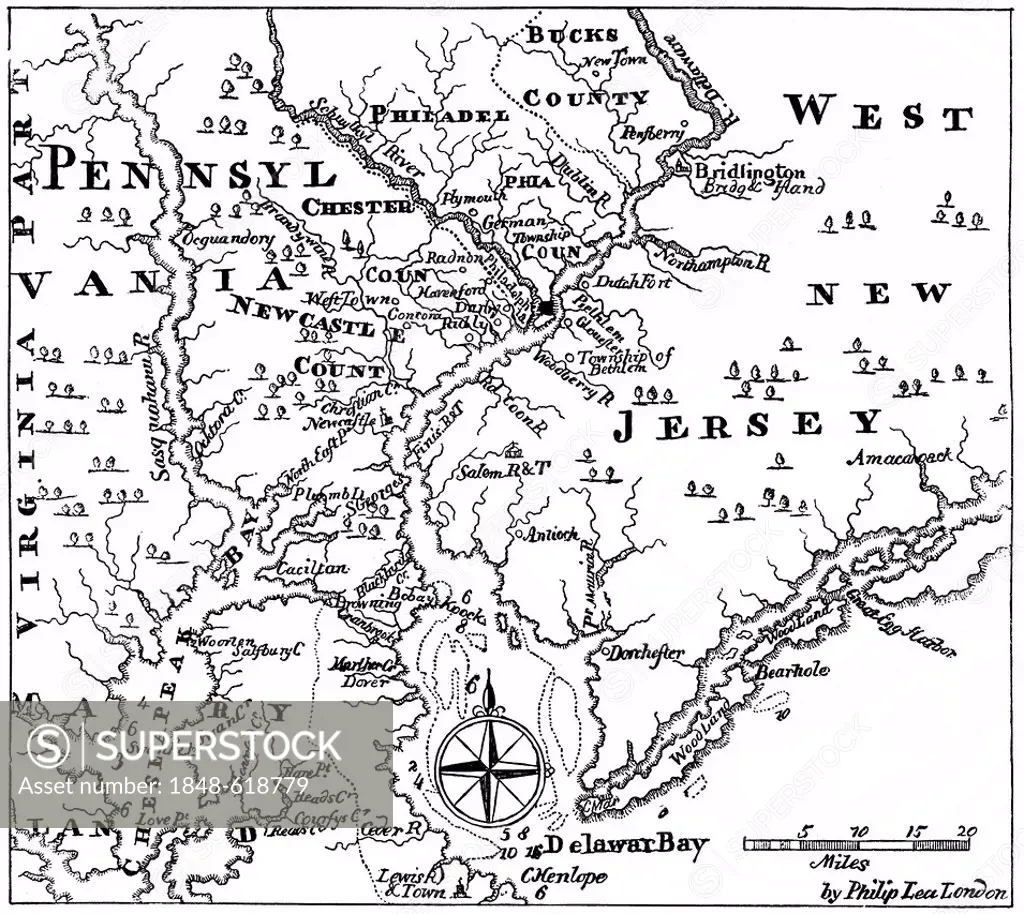 Historical drawing, US-American history, 17th century, a map of Pennsylvania and western New Jersey, around 1670