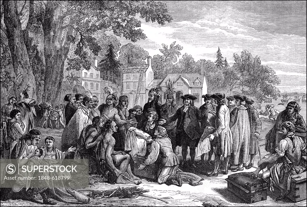 Historical scene, US-American history, 17th century, contract negotiations between Penn and the Indians, William Penn, 1644 - 1718, founder of the col...
