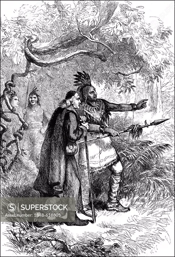 Historical scene, US-American history, 17th century, Jean de Lamberville, 1633 - 1714, a Jesuit priest and missionary among the Onondaga Indians, also...