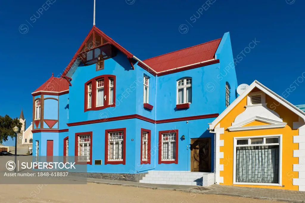 Haus Gruenewald building, built in 1910, a German colonial period building, Luederitz, Namibia, Africa