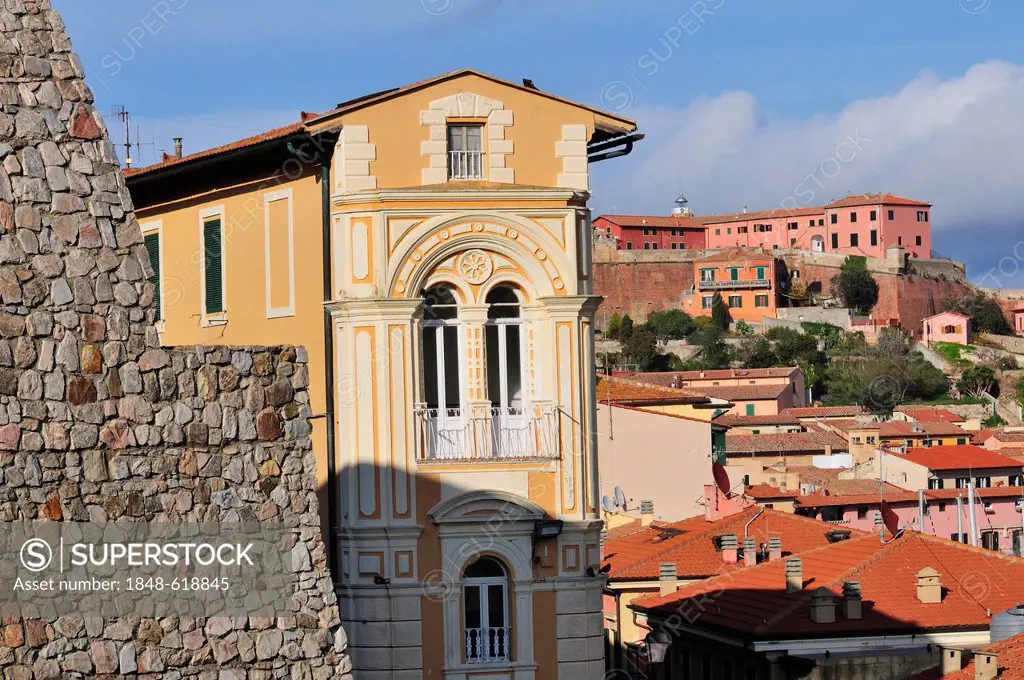 Facade of buildings and Forte Falcone, Portoferraio, Elba, Tuscany, Italy, Europe