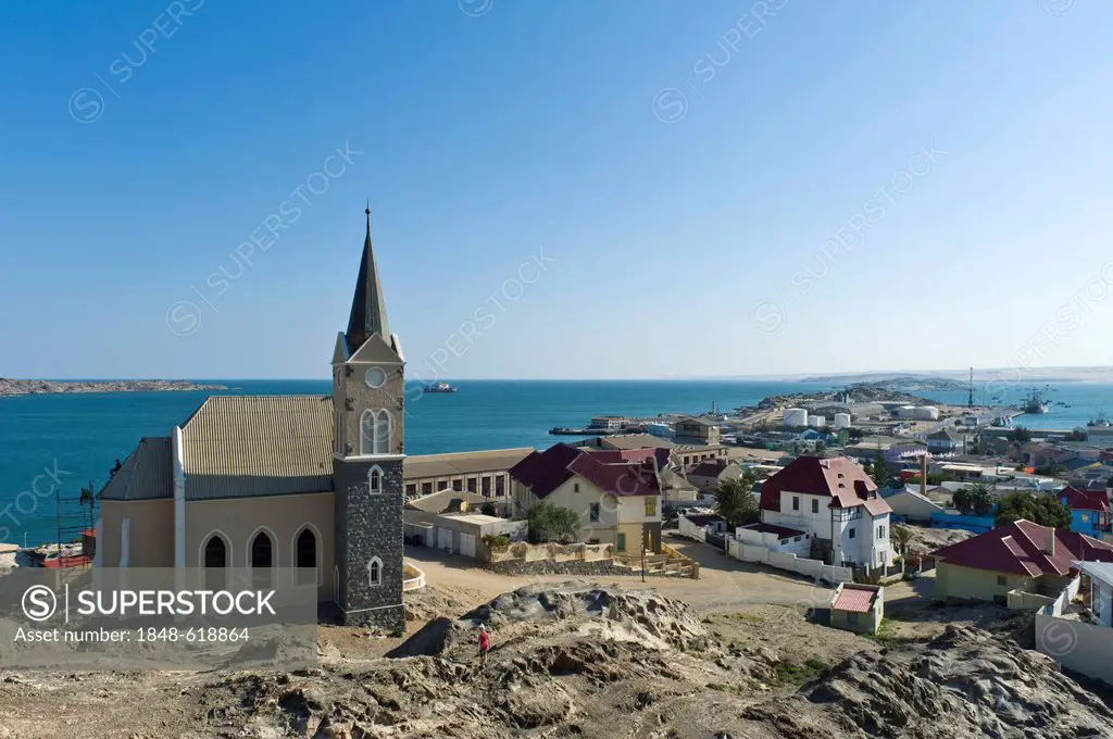 Rock church and the town of Luederitz, Luederitz, Namibia, Africa