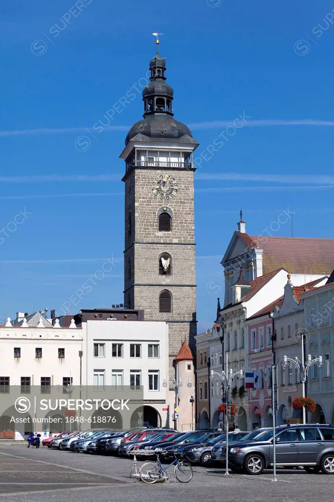 Historic district with the Black Tower, Ceske Budejovice also known as Budweis, Budvar, southern Bohemia, Czech Republic, Europe