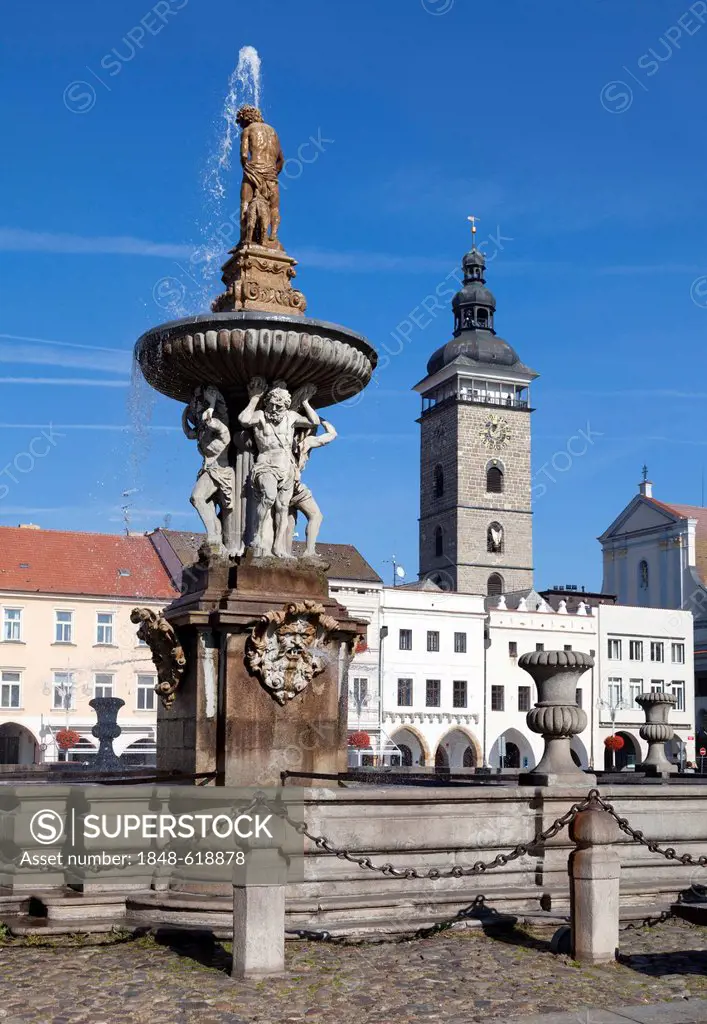 Historic district with the Black Tower and the Samson fountain, Ceske Budejovice also known as Budweis, Budvar, southern Bohemia, Czech Republic, Euro...