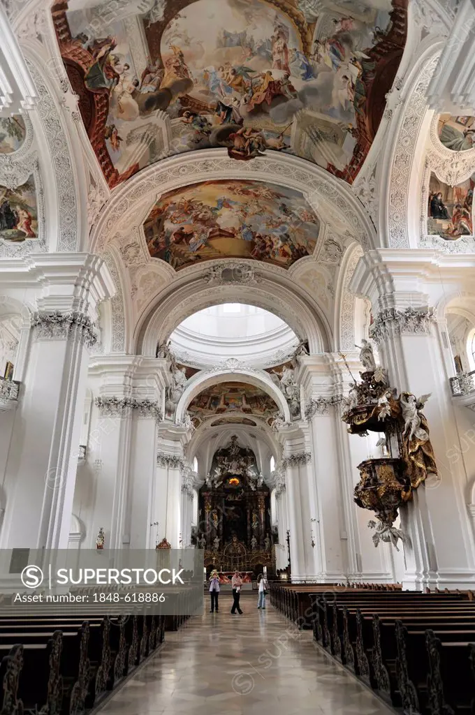 Interior view of the nave, Basilica of St. Martin in Weingarten, Baden-Wuerttemberg, Germany, Europe