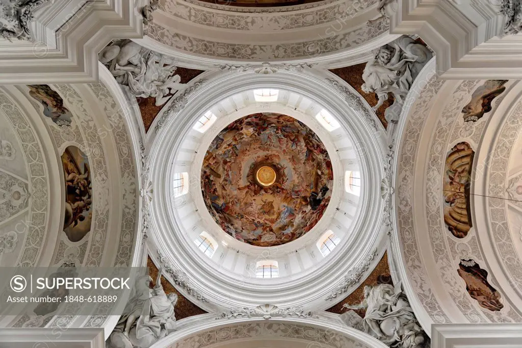 Baroque dome, stucco and ceiling fresco by Cosmas Damian Asam, Basilica of St. Martin in Weingarten, Baden-Wuerttemberg, Germany, Europe