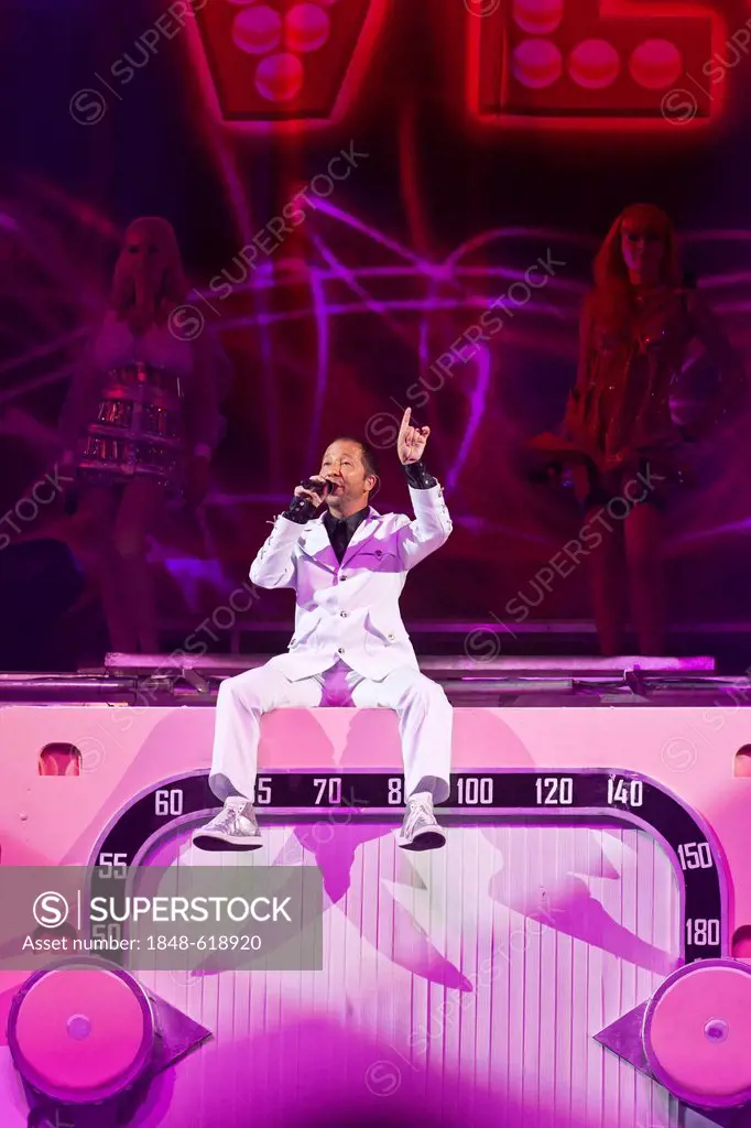 Swiss singer Rene Baumann alias DJ Bobo singing live at his Dancing in Las Vegas show, SwissLife Arena, Lucerne, Switzerland, Europe