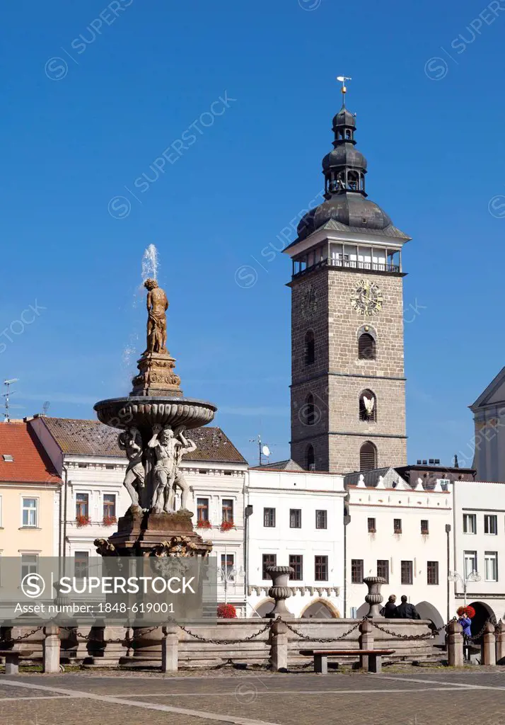 Historical centre of Ceske Budejovice, Samson Fountain and Black Tower, Budweis, Budvar, South Bohemia, Czech Republic, Europe