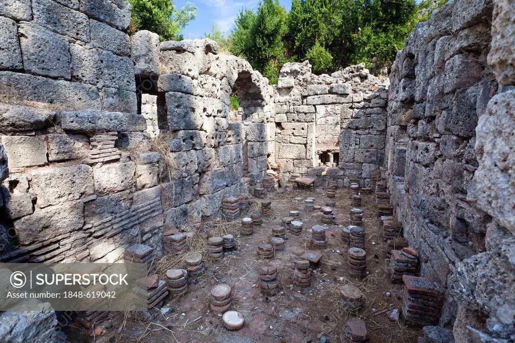 Roman public bath with underfloor heating, ancient city of Phaselis, Lycia, Turkey, Asia Minor