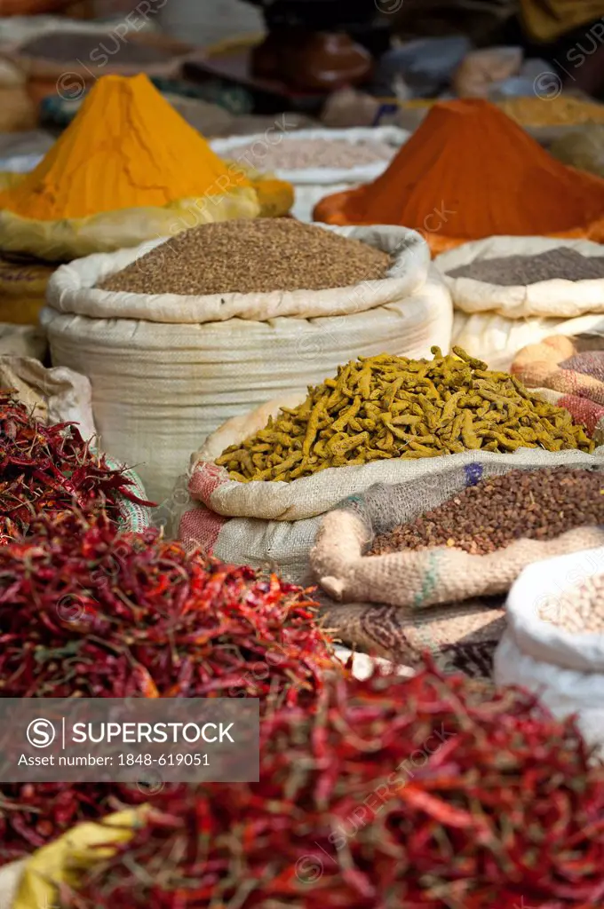 Chilis, spices, bazaar near Howrah Bridge, Calcutta or Kolkata, West Bengal, East India, India, Asia