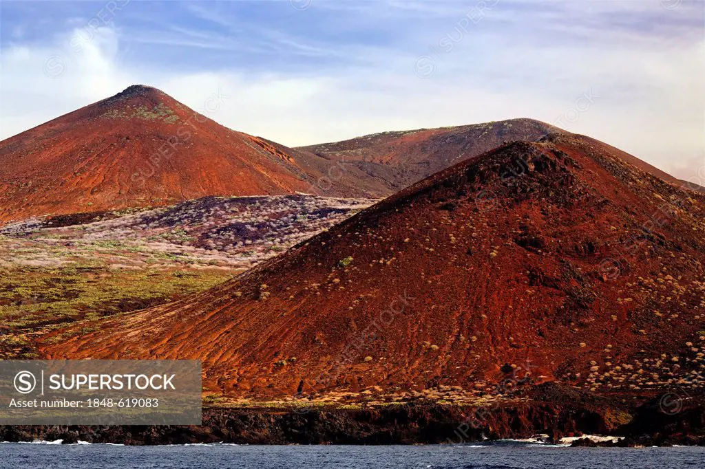 Barren landscape of volcanic hills on the coast, San Benedicto Island, near Socorro, Revillagigedo Islands, archipelago, Mexico, eastern Pacific