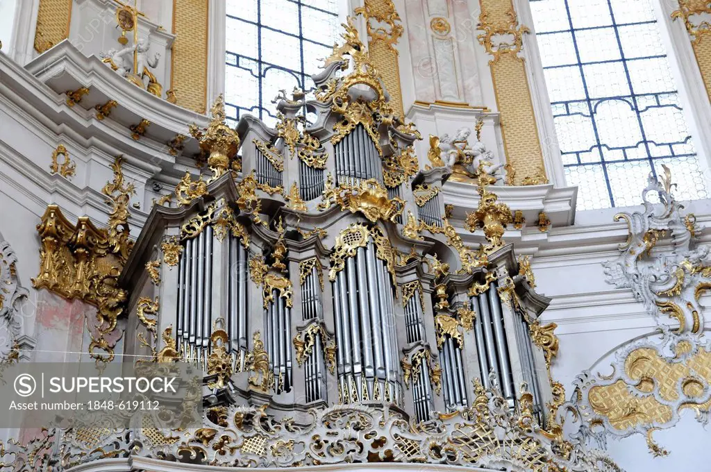Interior view, Baroque organ of Kloster Ettal Abbey, current Baroque look, Ettal, Upper Bavaria, Bavaria, Germany, Europe