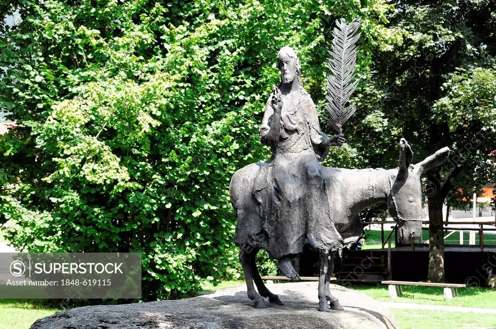Jesus riding a donkey, bronze figure, Oberammergau, Bavaria, Germany, Europe