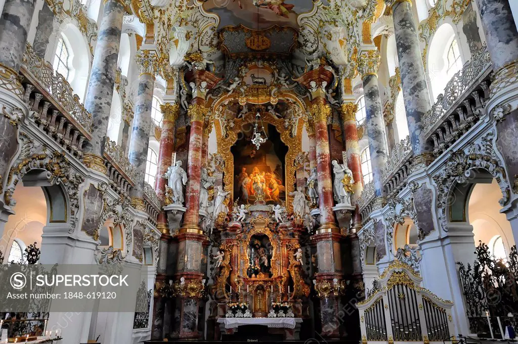 Interior view, high altar, Wieskirche, Pilgrimage Church of Wies, Rococo, 1745-1754, UNESCO World Heritage Site, Wies, municipality of Steingaden, Pfa...