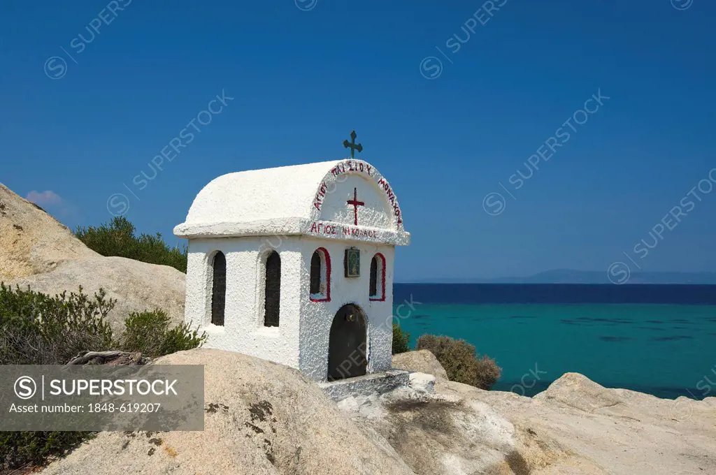 Chapel on the beach, Portokali Beach, Kavourotypes, Sithonia, Halkidiki, Greece, Europe
