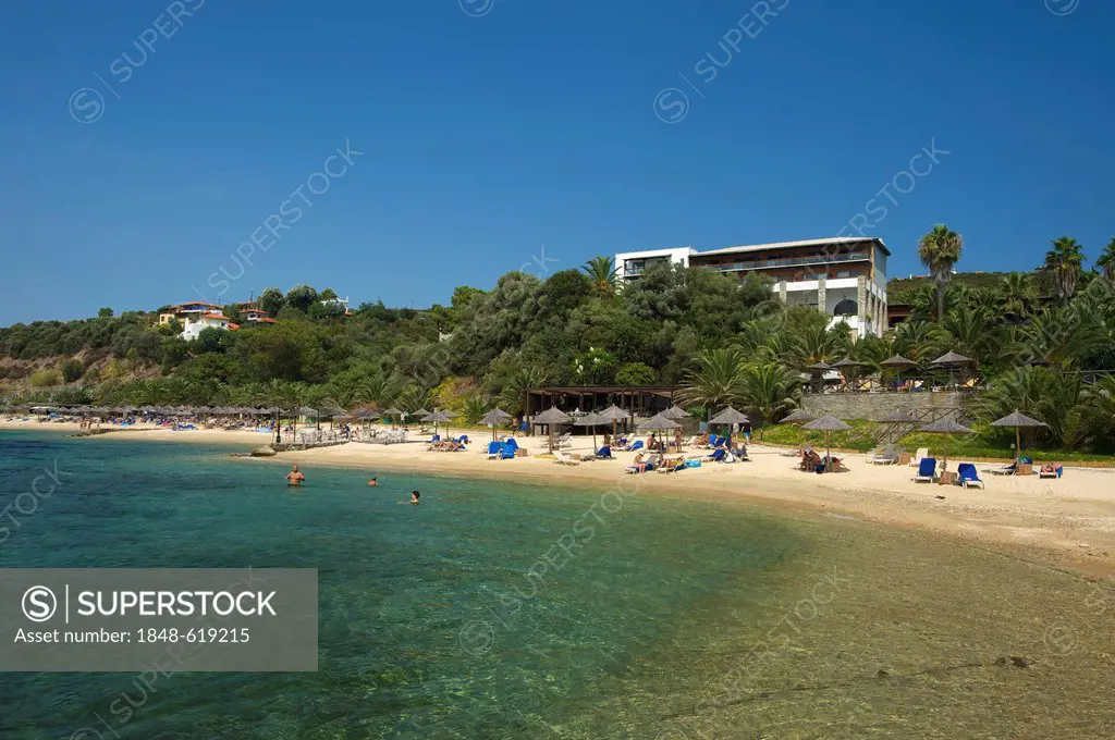 Beach of the Eagles Palace Hotel in Ouranopoli, Athos, Halkidiki, Greece, Europe