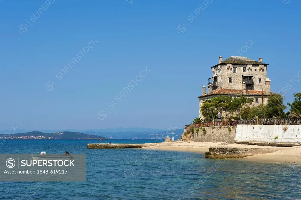 Defence tower in Ouranoupoli, Athos, Halkidiki, Greece, Europe