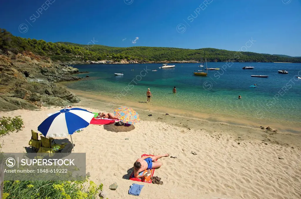 Beach of Hotel Likithos on Sithonia peninsula, Halkidiki, Greece, Europe