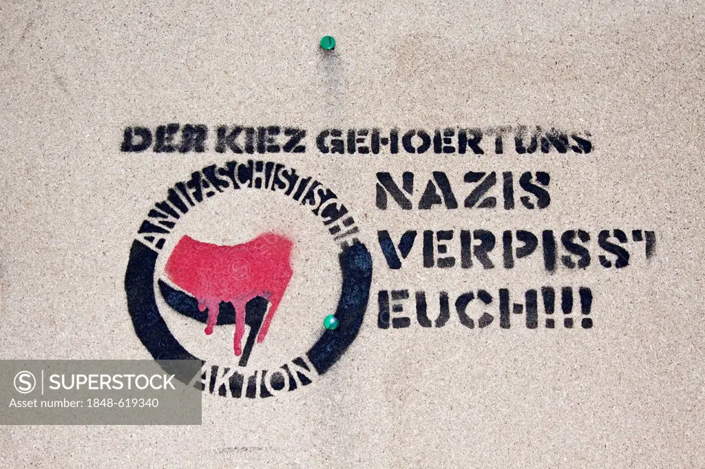 Stencil Der Kiez gehoert uns, Nazis, verpisst Euch!!!, German for this neighbourhood is ours, Nazis get lost, Antifaschistische Aktion, Mitte district...