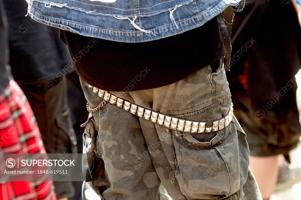 Metalfest 2012 at the Loreley open air stage, festival goer wearing an studded belt, St. Goarshausen, Rhineland-Palatinate, Germany, Europe