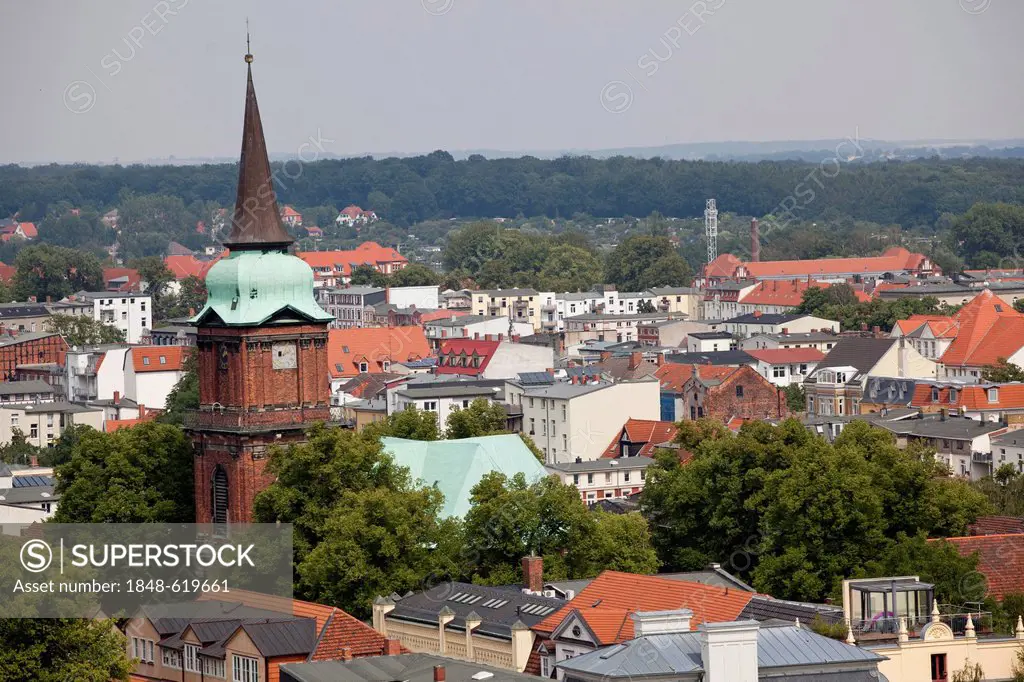 View of Schelfkirche church as seen from Schwerin Cathedral, Schwerin, Mecklenburg-Western Pomerania, Germany, Europe