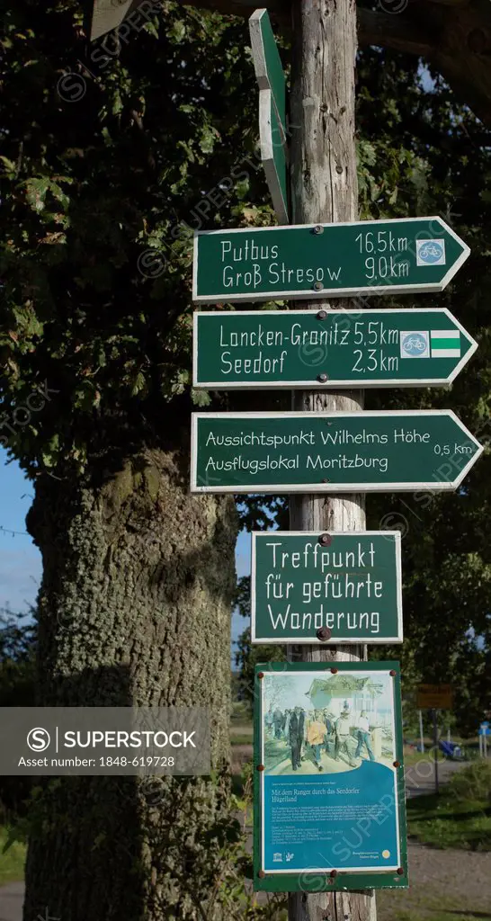 Signpost, hiking paths near Lake Sellin in the Moenchgut peninsula biosphere reserve, Ruegen Island, or Rugia Island, Mecklenburg-Western Pomerania, G...