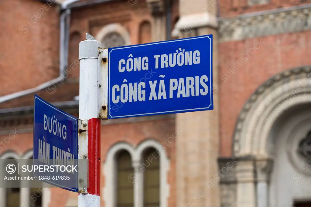 Signpost for the Notre-Dame Cathedral, Saigon, Ho Chi Minh City, Vietnam, Southeast Asia