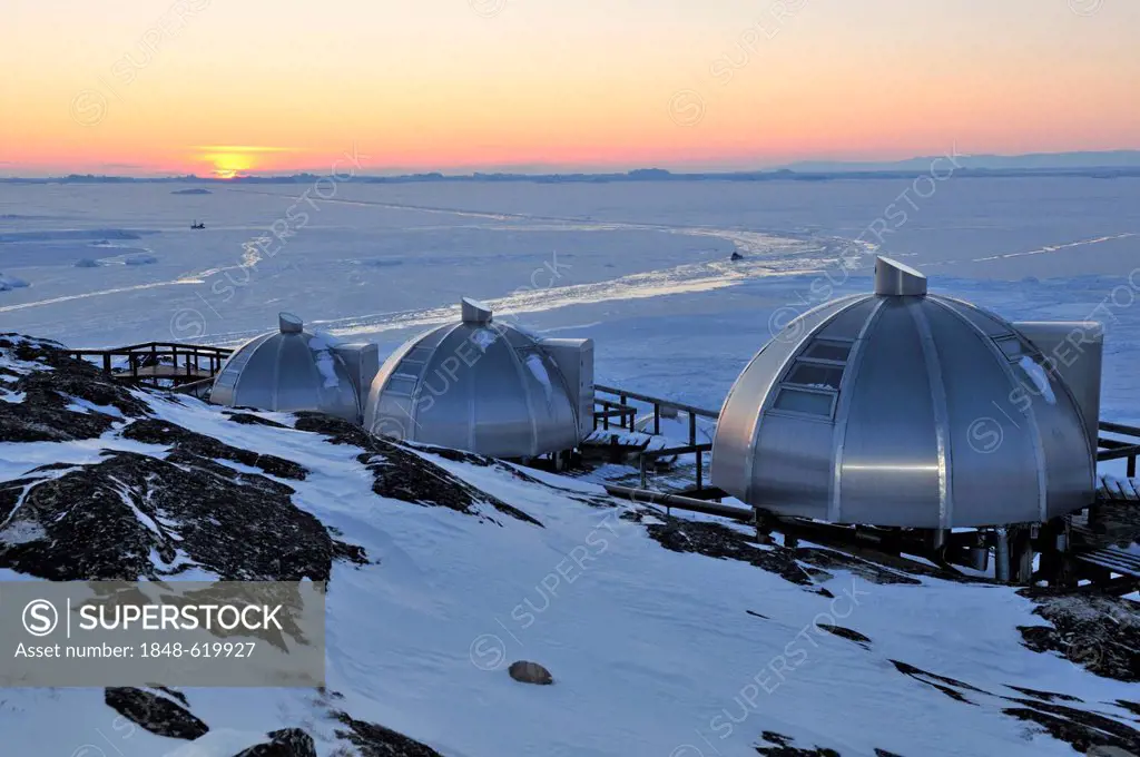 Igloos made of aluminum, Arctic Hotel, Ilulissat, Greenland, Arctic North America