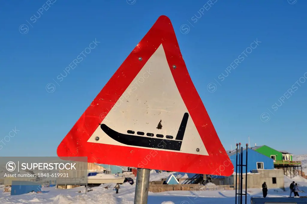 Warning sign, dog sleighs, Ilulissat, Greenland, Arctic North America