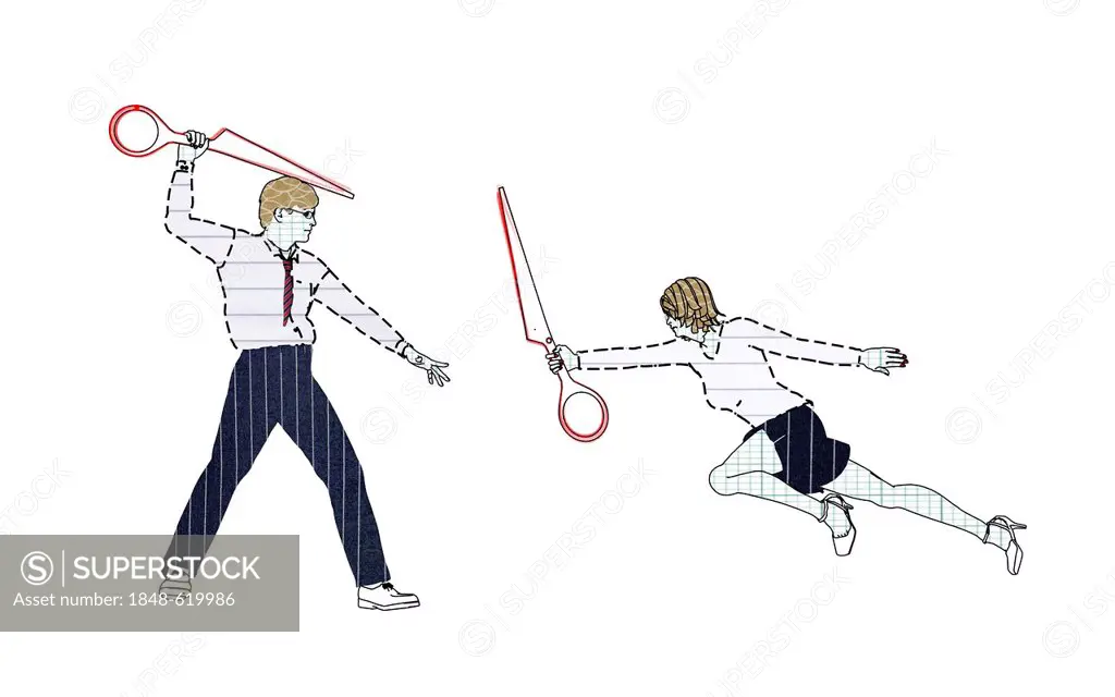 Colleagues fighting against each other with half a pair of scissors, symbolic image of office battles, illustration