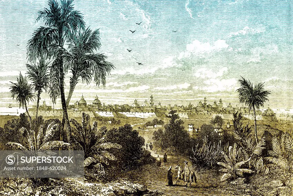 Historical drawing, 19th century, view of the city of Puerto de Veracruz, Gulf of Mexico, around 1840