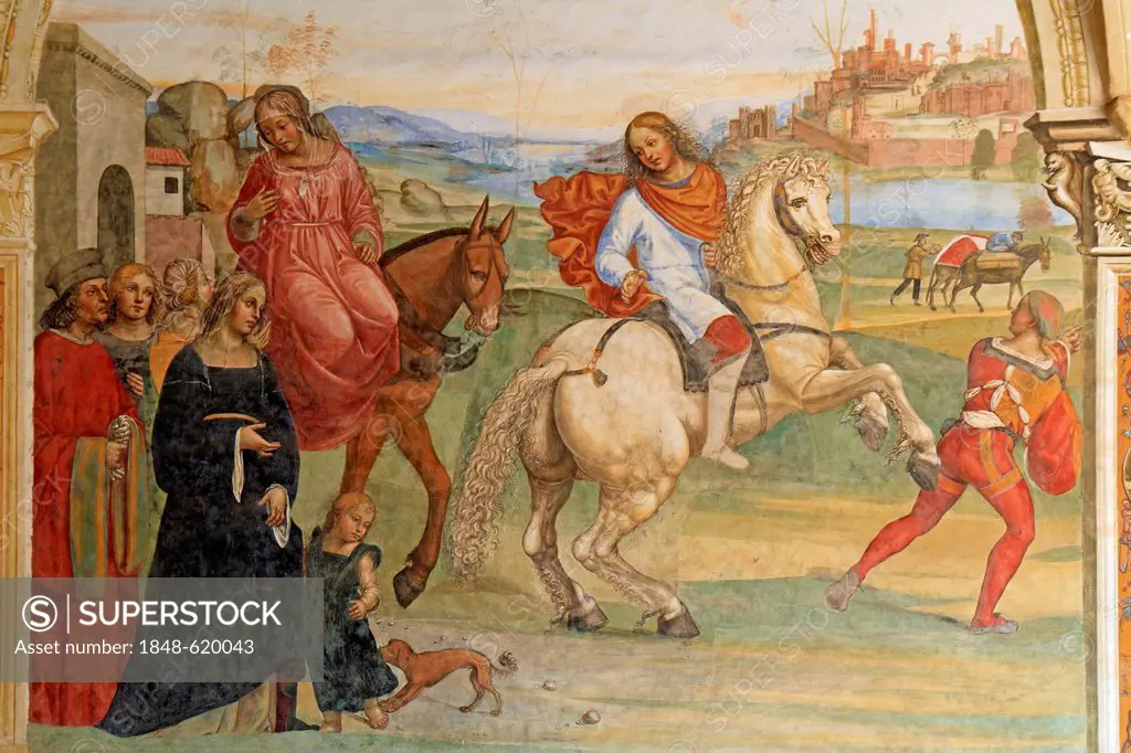 Fresco, life of St. Benedict, fresco by Sodoma, picture 1: Benedict on a white horse, leaving his parental home accompanied by Cirilla, his nurse, clo...