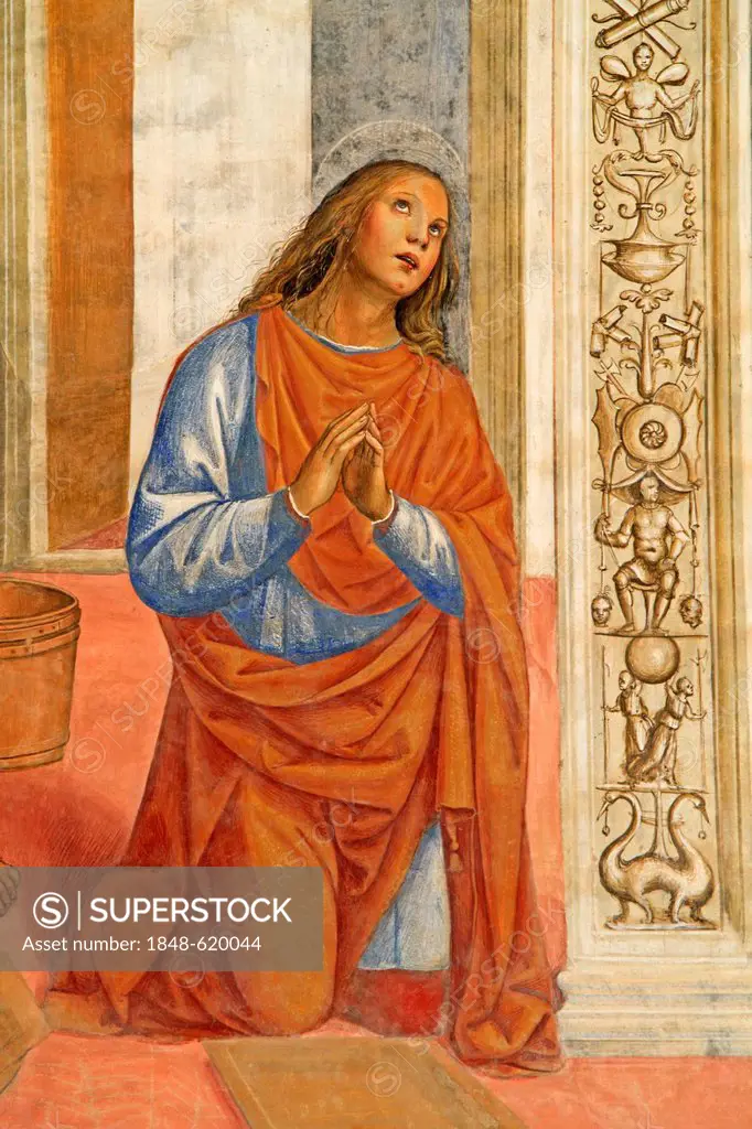 Fresco, life of St. Benedict, fresco by Sodoma, detail view of picture 3, cloister of Abbazia di Monte Oliveto Maggiore, monastery, Tuscany, Italy, Eu...