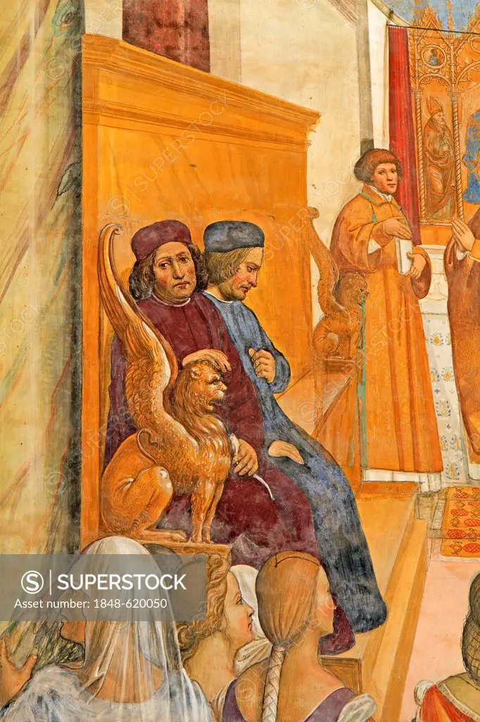 Fresco series depicting the life of St. Benedict, fresco by Sodoma, detail from scene 33, Benedict providing absolution for excommunicated dead nuns, ...