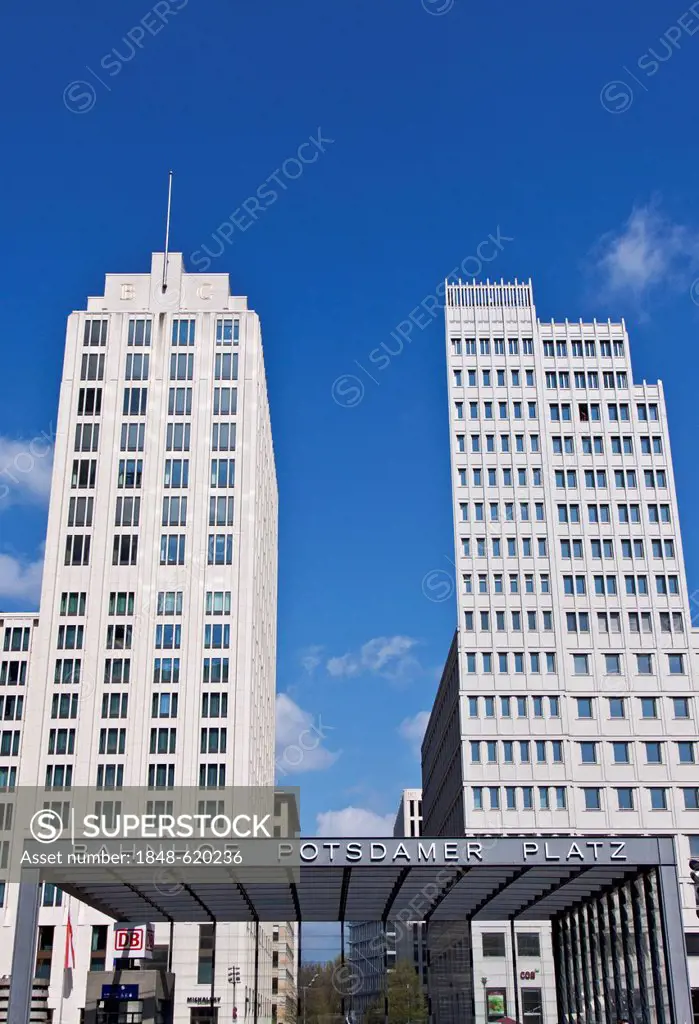 Skyscrapers at Potsdamer Platz square, Beisheim Center with the Ritz Carlton Hotel, Potsdamer Platz square, Tiergarten quarter, Berlin, Germany, Europ...