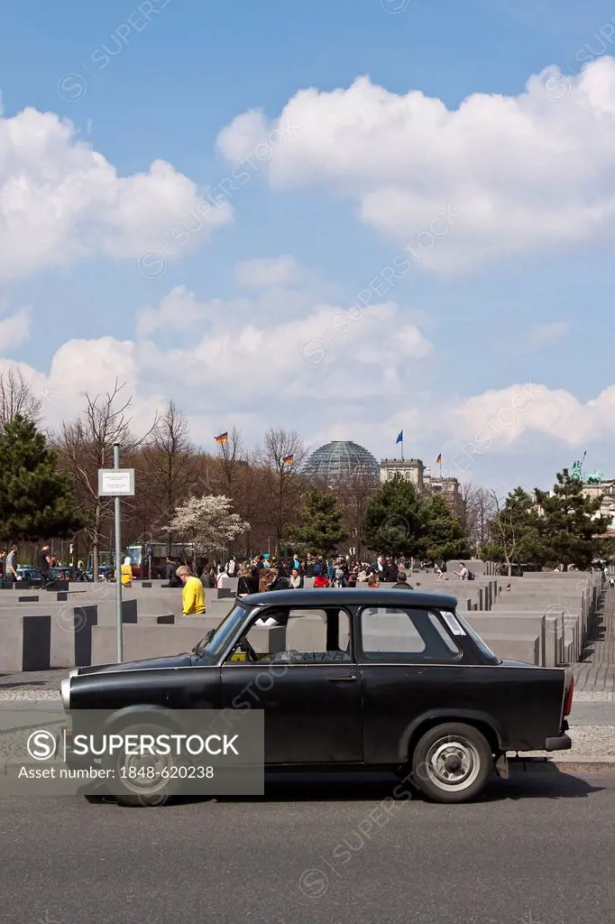 Old black Trabant car, parked in front of the Holocaust Memorial, Memorial to the Murdered Jews of Europe, Berlin, Germany, Europe