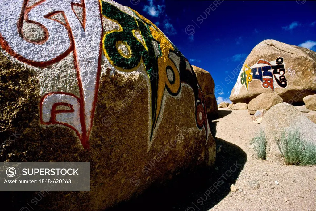 Om mani padme hum, the Buddhist mantra of compassion, painted on stone, Thiksey, Jammu and Kashmir, India, Asia