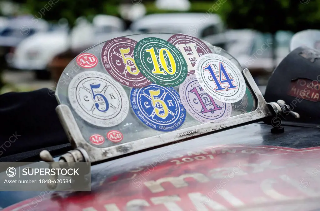 Windshield of a historic race car with stickers, Oldtimer Grand Prix motor race, Nurburgring race track, Germany, Europe